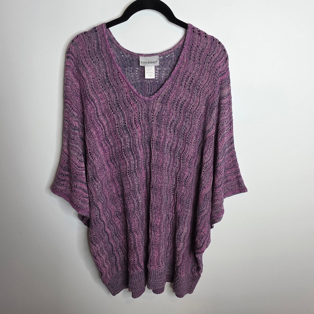 Catherines Poncho Sweater Womens 2X Purple Open Knit Space Dye